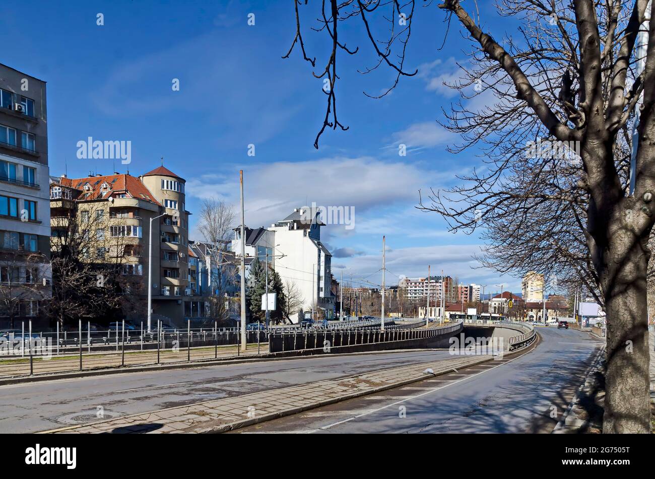 Fragment of urban infrastructure with tram route, subway and street, Sofia, Bulgaria Stock Photo