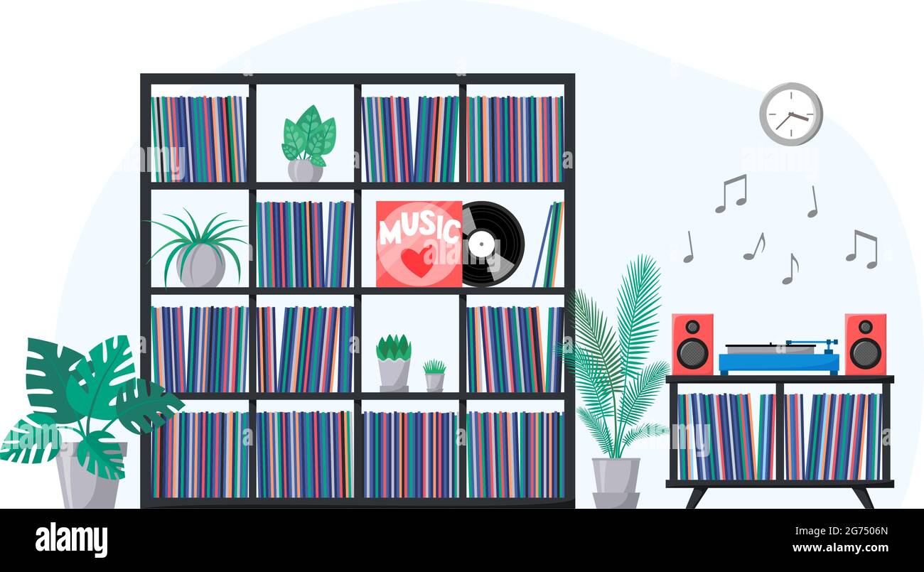 Vinyl collection on shelves and turntable playing vinyl record. Stacks of music records in sleeves. Interior with home plants and retro audio device Stock Vector