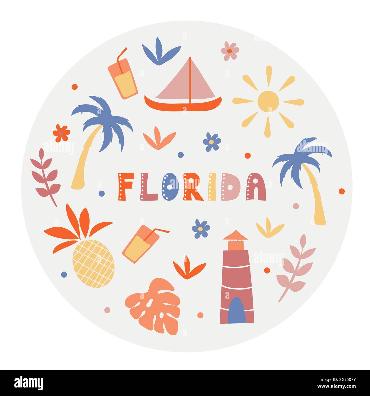 USA collection. Vector illustration of Florida. State Symbols - round shape Stock Vector