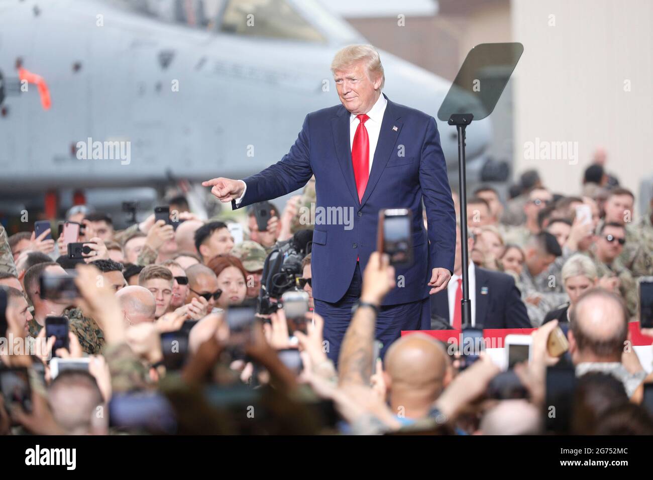 June 30, 2019-Osan, South Korea-US President Donald Trump action after arrives at Osan Military airbase for their soldiers meet event at Osan Airbase in Osan, South Korea.US President Donald Trump meet North Korean Leder Kim Jong Un today at truce village Panmunjom. Stock Photo