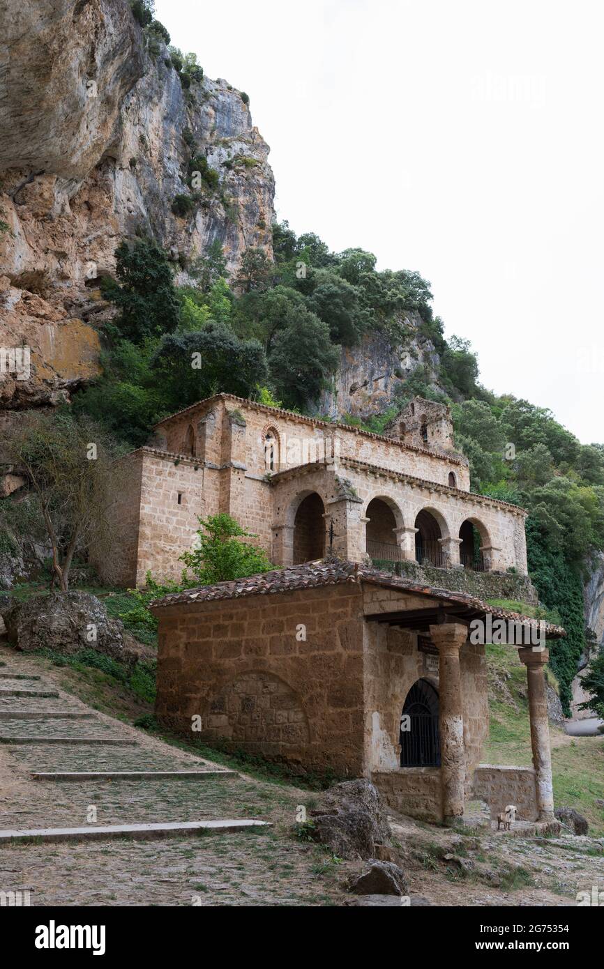 Ancient church of Santa Maria de la Hoz sorrounded by nature at Tobas, near Frias, Merindades, Burgos, Spain, Europe Stock Photo