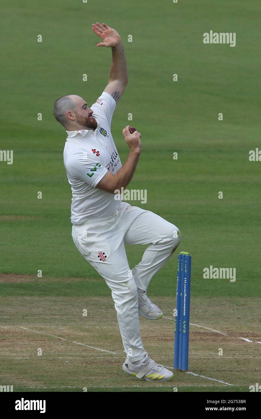 CHESTER LE STREET, UK. JULY 11TH Ben Raine of Durham bowls during the LV= County Championship match between Durham County Cricket Club and Nottinghamshire at Emirates Riverside, Chester le Street on Sunday 11th July 2021. (Credit: Will Matthews | MI News) Credit: MI News & Sport /Alamy Live News Stock Photo