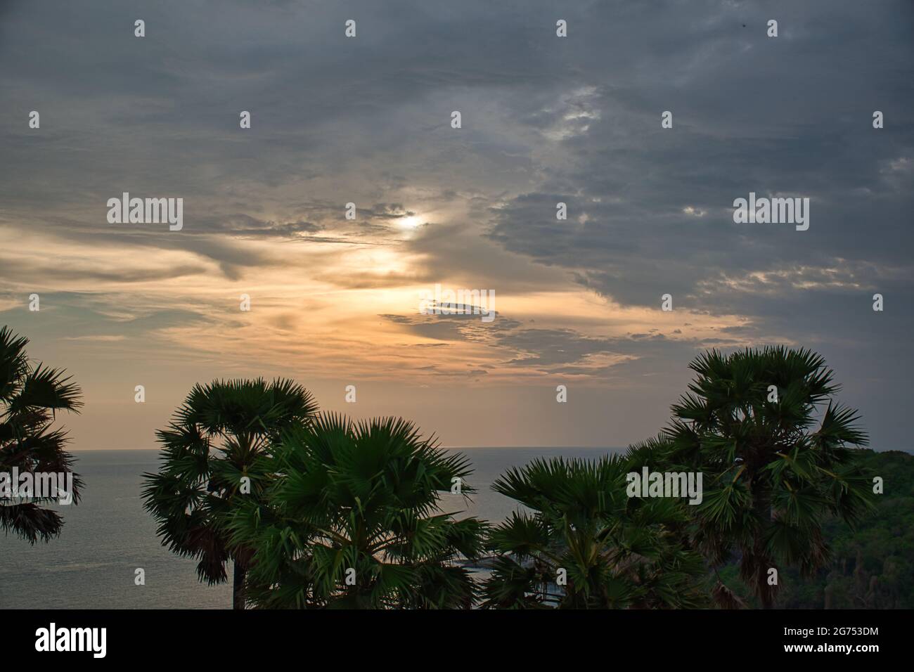 Beautiful stunning scenic panoramic view of the golden sky and reflections on the Andaman sea with palm trees during the sunset at Promthep Cape landm Stock Photo