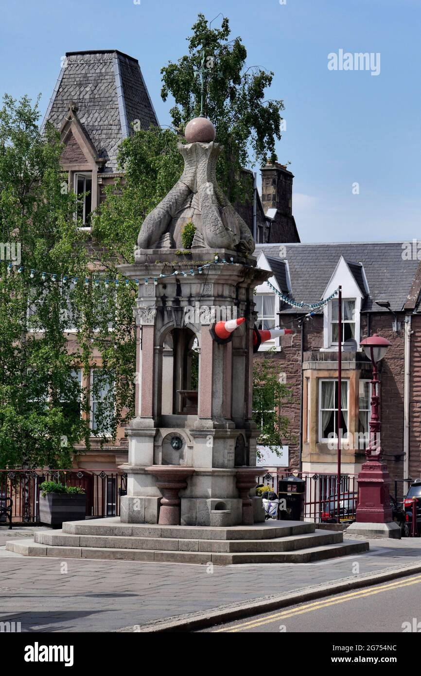 Murray Fountain decorated with traffic cones,James Square,High Street,Crieff,Scotland Stock Photo