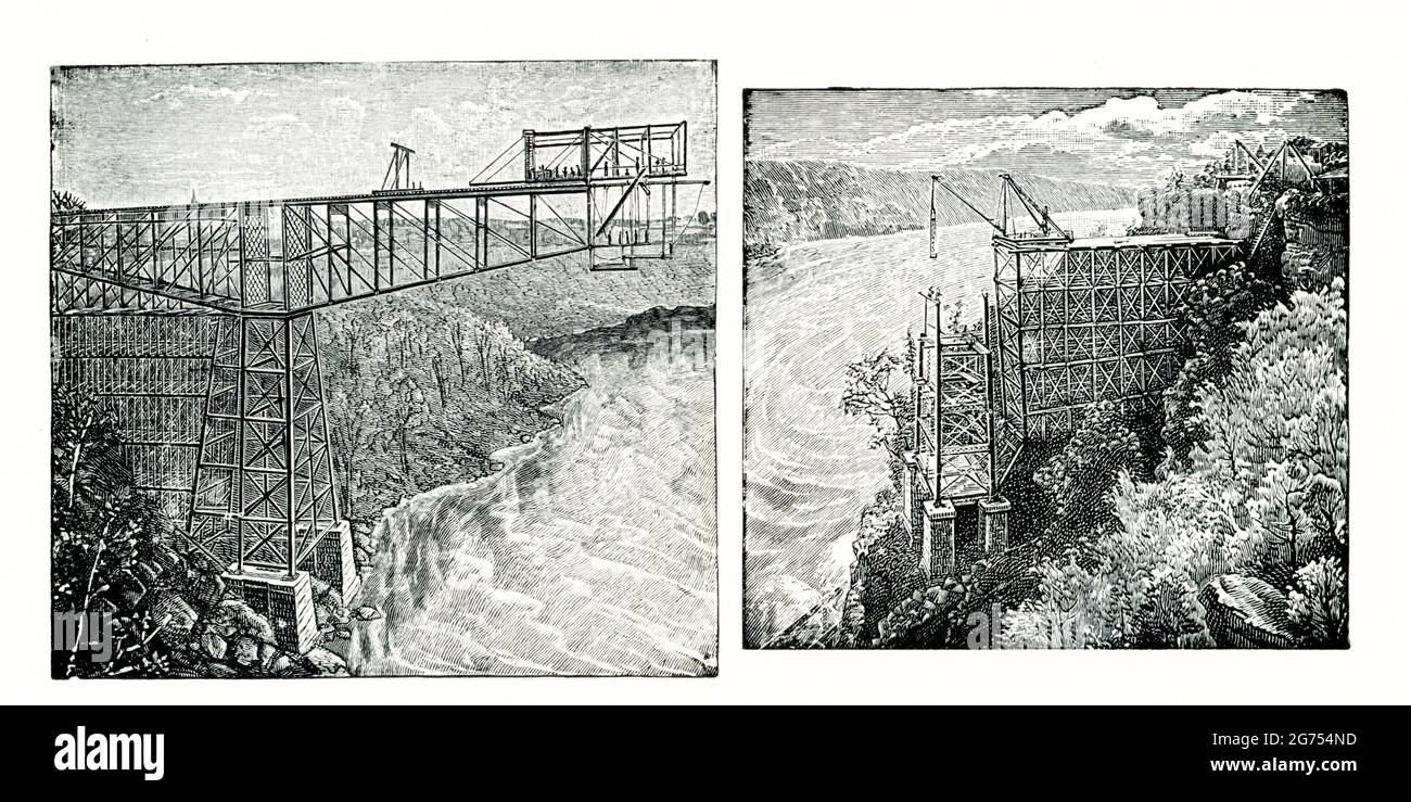 The 1899 cpation for these images reads: “Cantilever Bridge Niagara Falls as in course of construction for Michigan Central Railroad.” The Niagara Cantilever Bridge or Michigan Central Railway Cantilever Bridge was a cantilever bridge across the Niagara Gorge. An international railway-only bridge between Canada and the United States, it connected Niagara Falls, New York, and Niagara Falls, Ontario, located just south of the Whirlpool Bridge, and opened to traffic in 1883, it was replaced by the Michigan Central Railway Steel Arch Bridge in 1925. Stock Photo