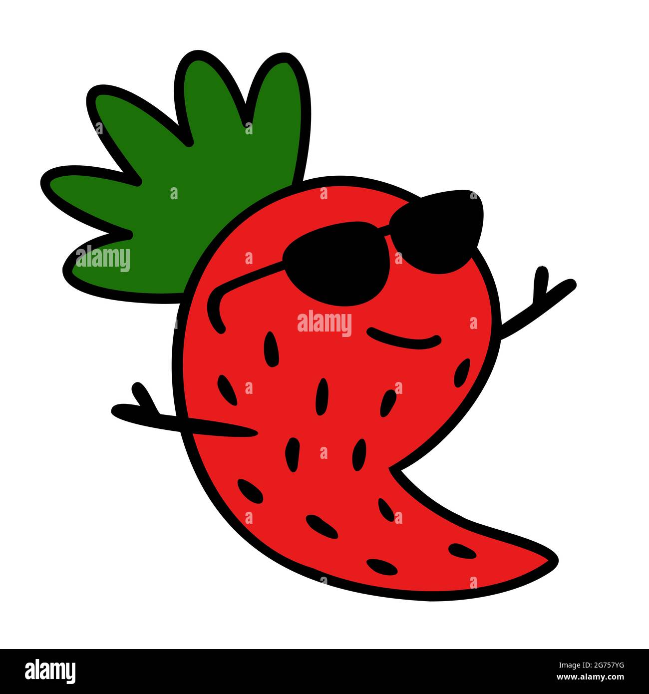 Funny strawberry fruit mascot or character wearing sunglasses with raised hands showing peace sign vector illustration Stock Vector