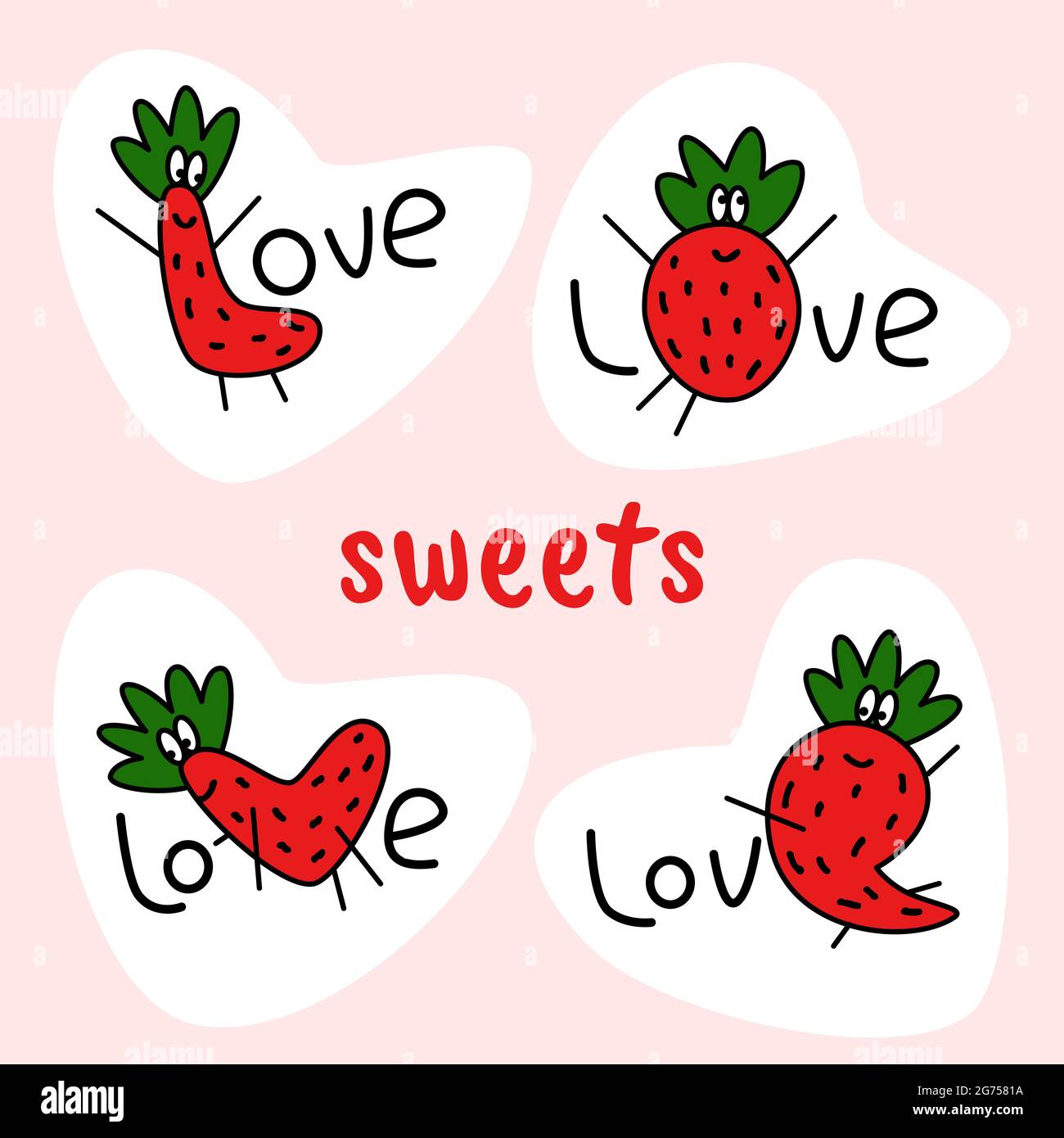 Love text stickers with one strawberry mascote letter in each word. Design  elements for love items cards, strawberry food and drinks vector  illustration Stock Vector Image & Art - Alamy