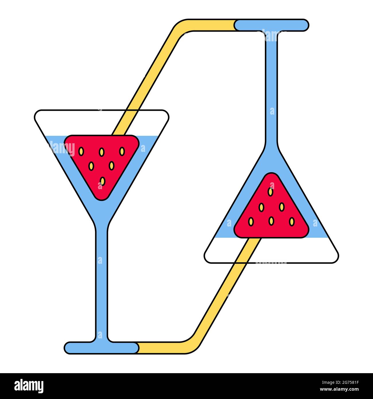 Cocktail glass with strawberry and tube. All are in triangular shape with rounded edges, vector icon of two mirrored glasses Stock Vector