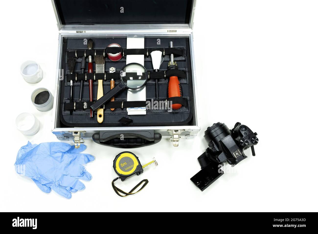 Top view of a scientific police briefcase, CSI with everything needed for a criminal investigation Stock Photo