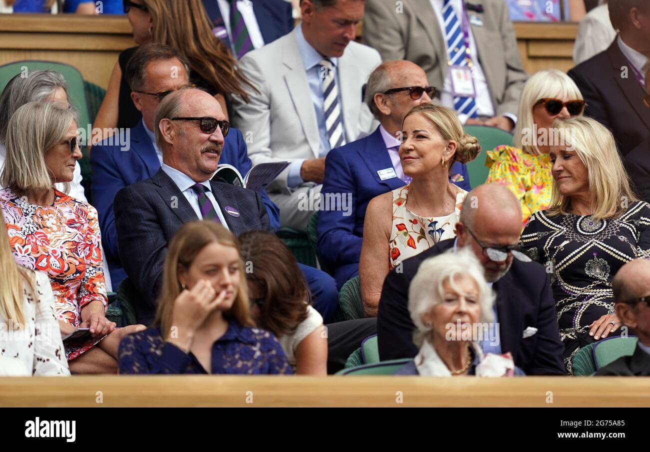 Chrissie Evert (centre right) in the royal box on centre court on day thirteen of Wimbledon at The All England Lawn Tennis and Croquet Club, Wimbledon. Picture date: Sunday July 11, 2021. Stock Photo