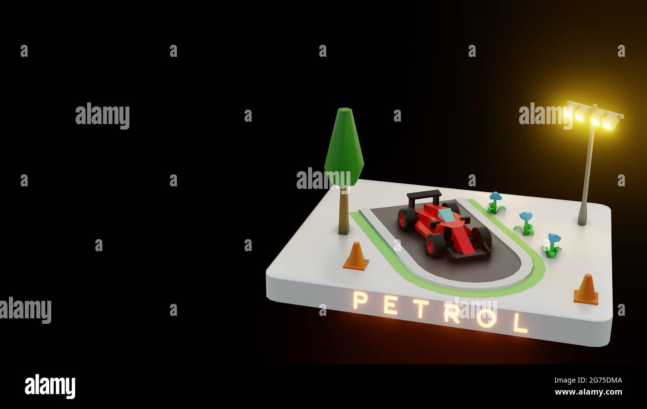 A 3D render of a race car parked on a small track on a black background ...