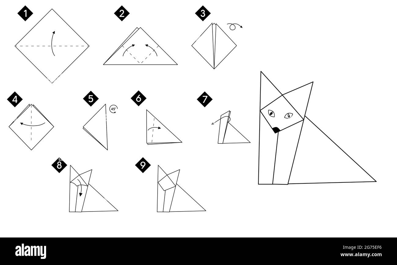 Step by step how to make origami fox . Vector monochrome instructions illustration. Black and white paper DIY. Stock Vector