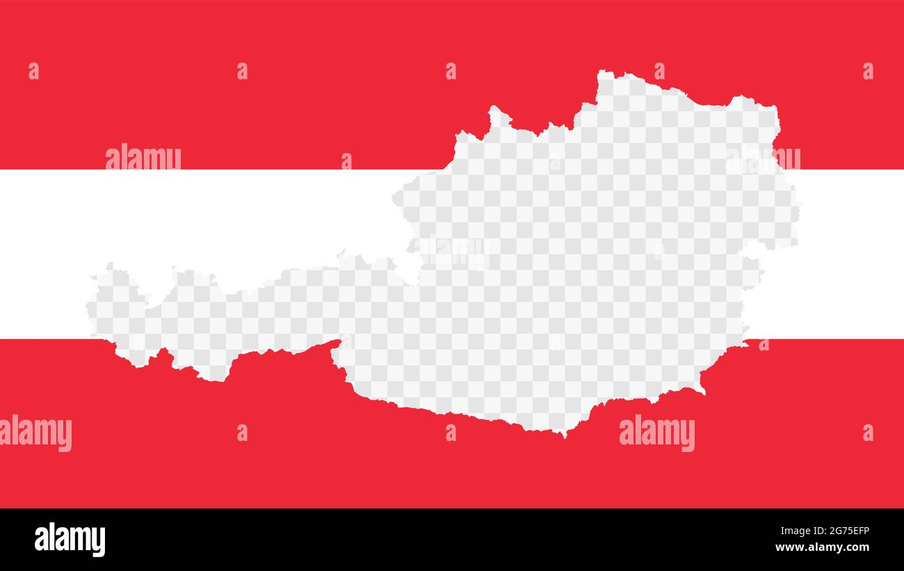 Austria national flag with transparent map empty border inside, detailed multicolored vector illustration. Stock Vector