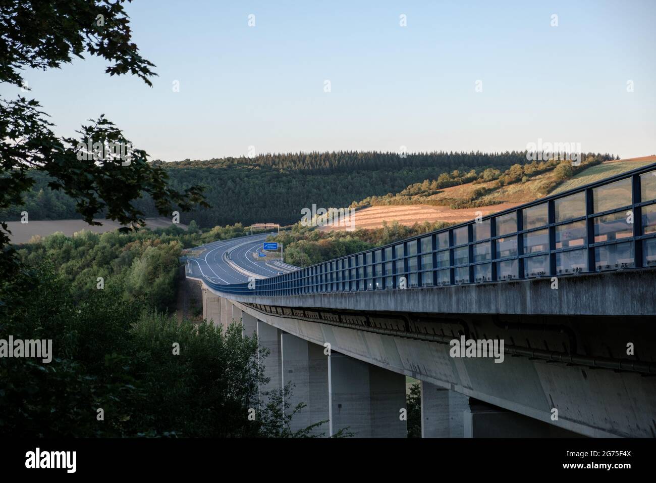 German Bridge and Autobahn over the Tauber valley in the summer. Stock Photo