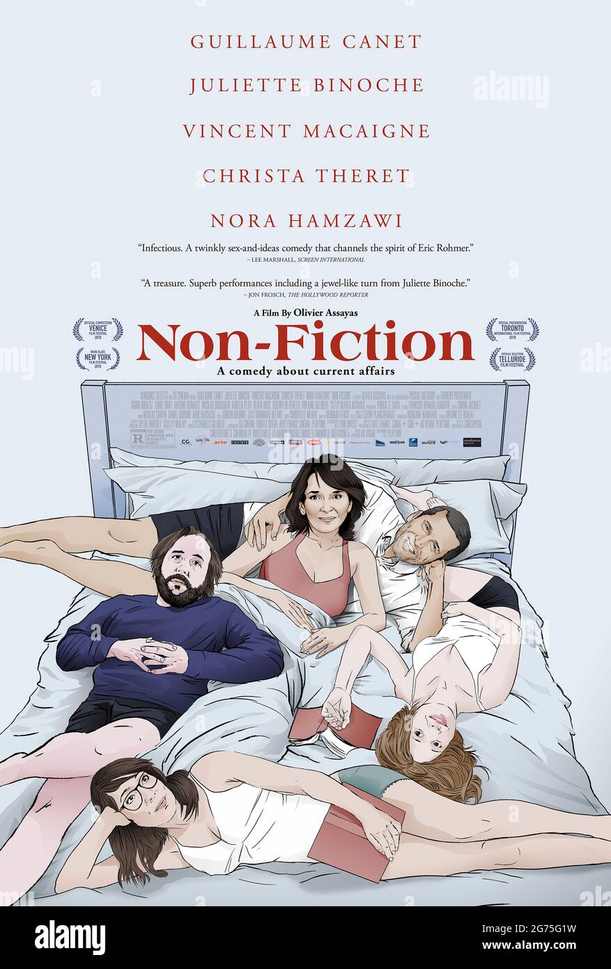 Non-Fiction (2018) directed by Olivier Assayas and starring Guillaume Canet, Juliette Binoche, Vincent Macaigne and Christa Théret. An editor and author struggle with a middle-age crisis and changes in the publishing industry and their wives. Stock Photo