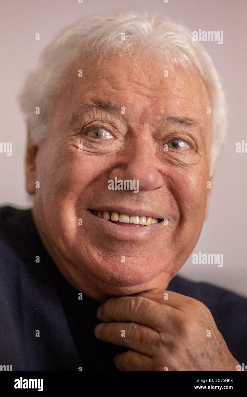 11 July 2021, Italy, Rome: Former Italian tennis player and two-time French Open winner Nicola Pietrangeli speaks to the media ahead of the men's singles final match of the 2021 Wimbledon Tennis Championships. Photo: Oliver Weiken/dpa Stock Photo