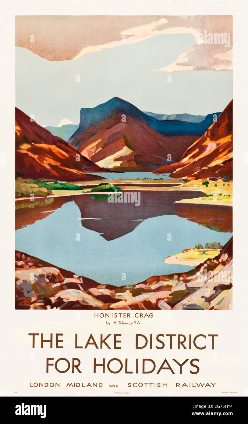 ‘The Lake District for Holidays’ circa 1930 Tourism Poster by LMS (London, Midland, & Scottish Railway) showing Honister Crag fell overlooking Fleetwith Pike. Artwork by Algernon Talmage (1871-1939). Credit: Private Collection / AF Fotografie Stock Photo