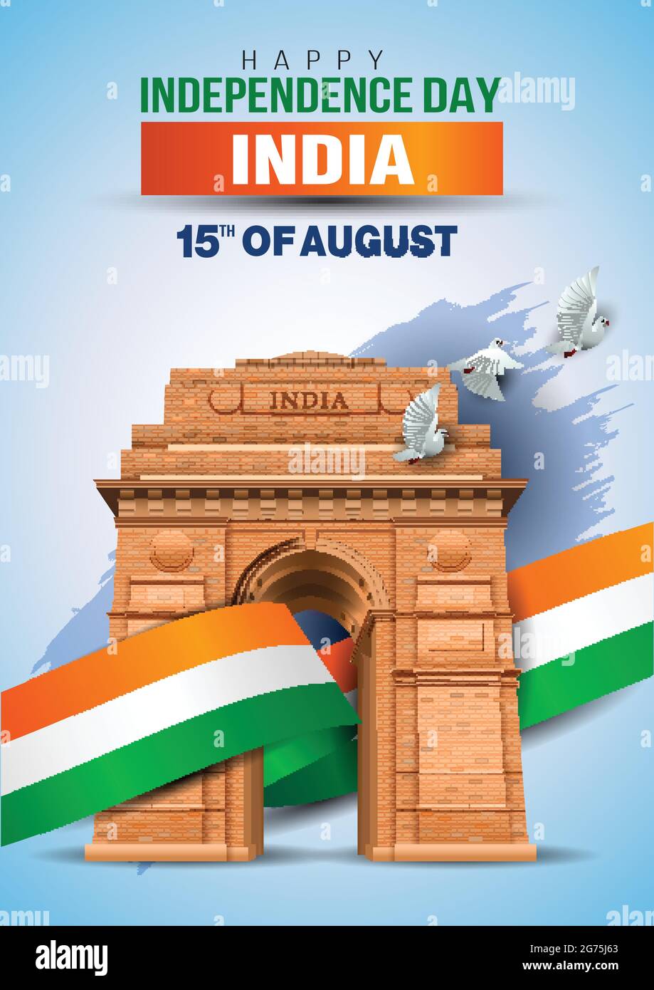 vector illustration of happy independence day in India celebration on August 15. vector India gate with Indian flag design and flying pigeon Stock Vector