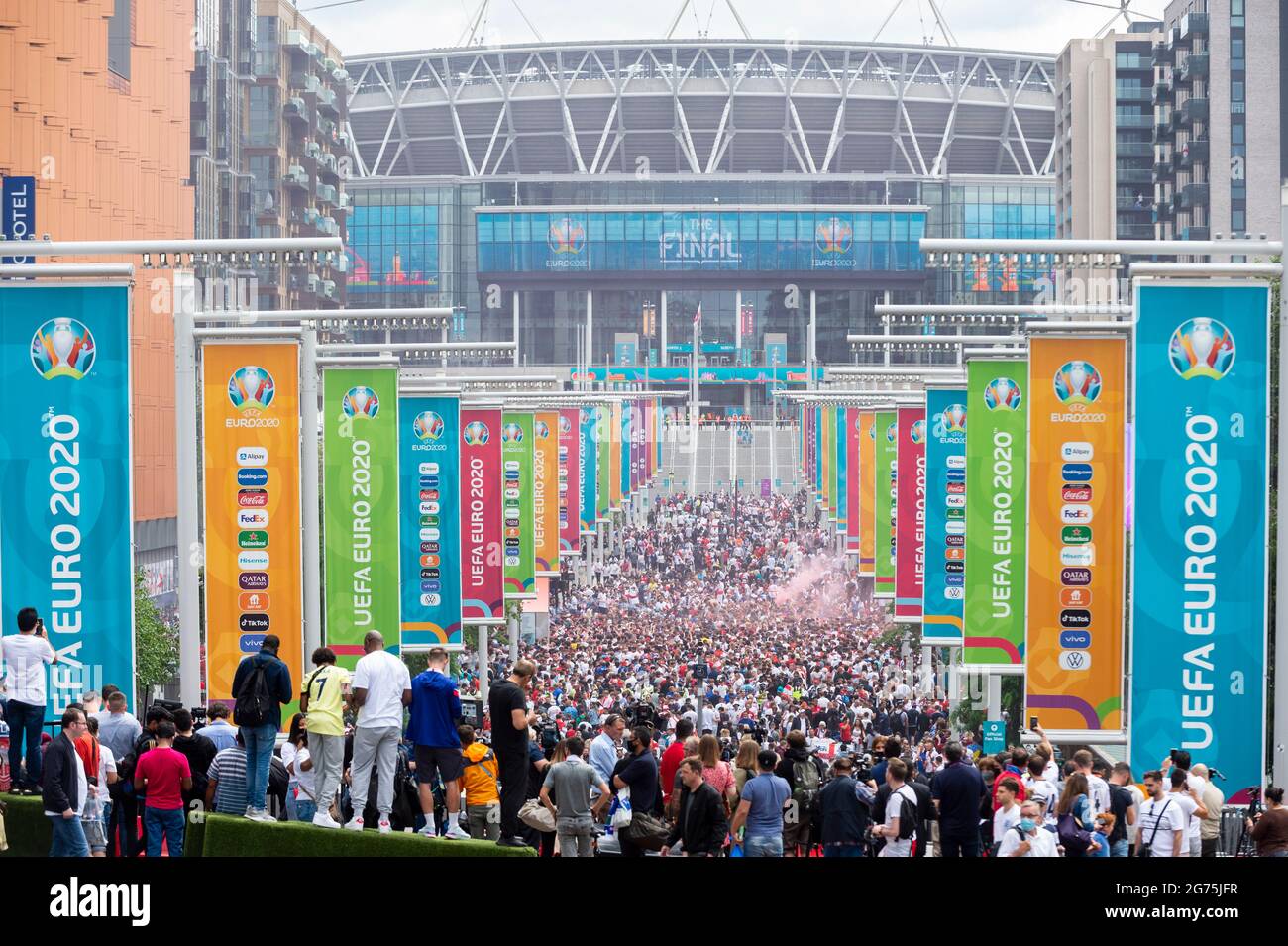 London, UK. 11th July, 2021. England fans outside Wembley Stadium ahead of the final of Euro 2020 between Italy and England. It is the first major final that England will have played in since winning the World Cup in 1966 and Italy remain unbeaten in their last 33 matches. Credit: Stephen Chung/Alamy Live News Stock Photo