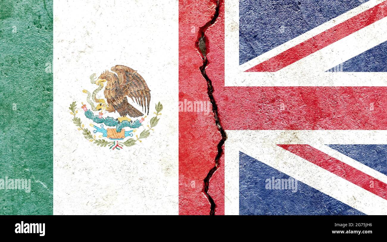 The flags of Mexico and the UK painted on a weathered broken wall ...