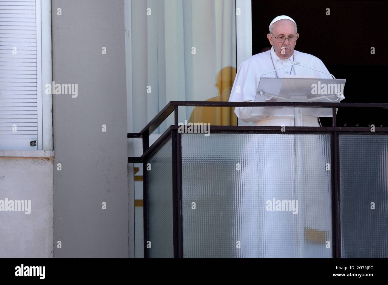 Pope Francis leads the Sunday's Angelus prayer from the Gemelli Hospital, in Rome, on July 11, 2021,pontiff underwent a surgery on his colon on Sunday and is recuperating at Rome's Gemelli hospital. Stock Photo