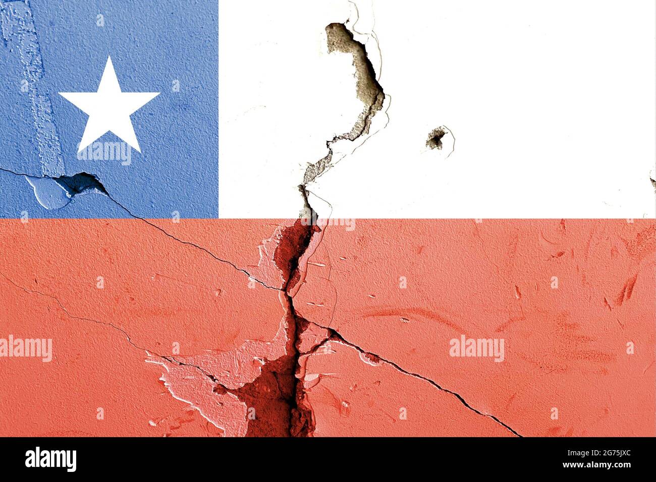 The national flag of Chile painted on a weathered broken wall ...