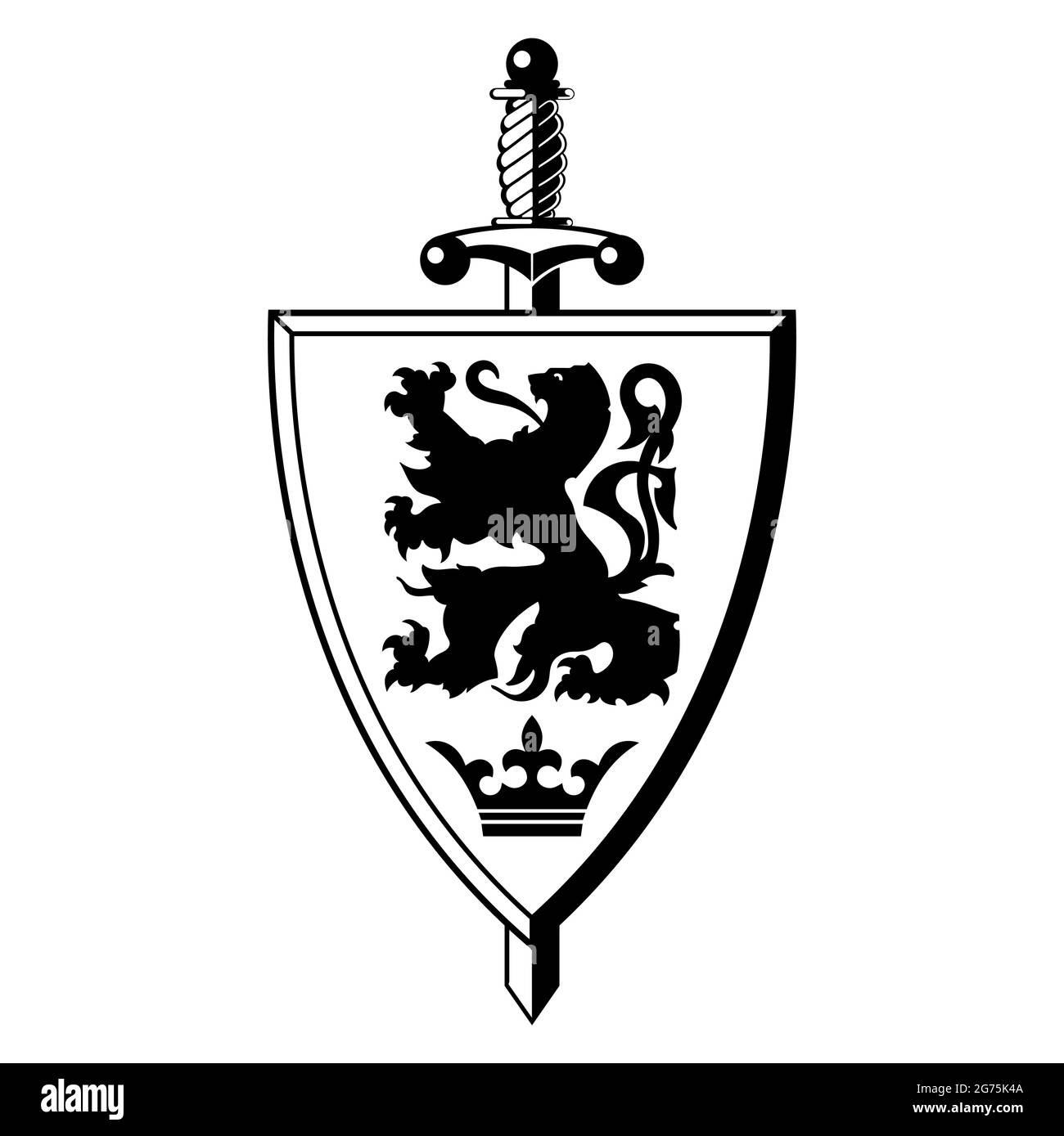Knightly design. Shield With Heraldic Lion, Warrior Sword and Crown Stock Vector