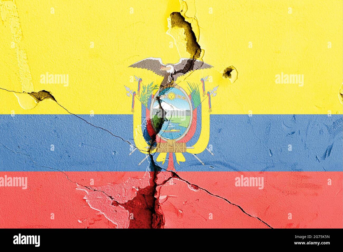 The national flag of Ecuador painted on a weathered broken wall ...