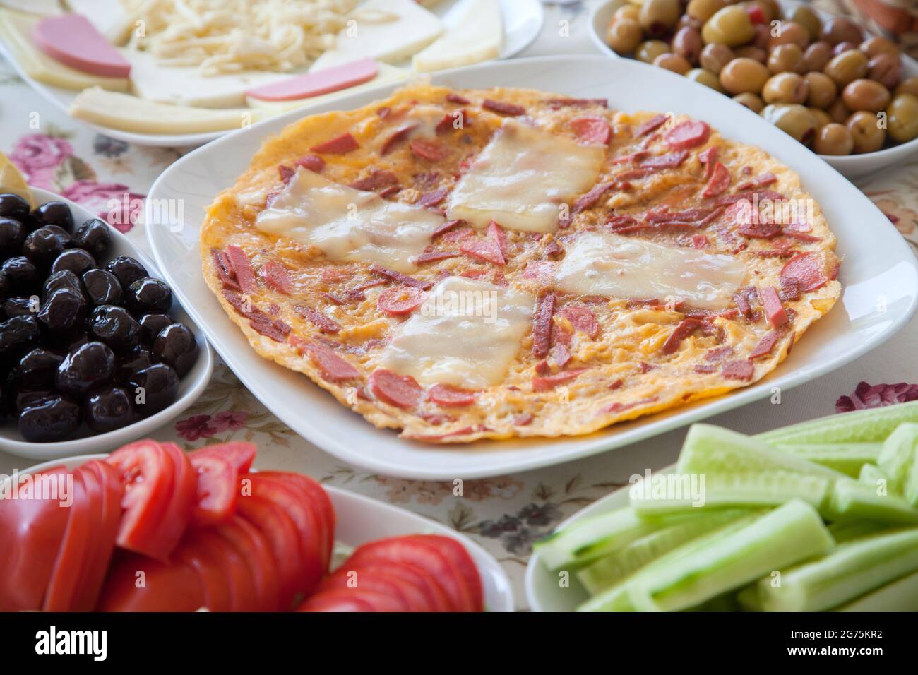 Sausage omelette and traditional Turkish breakfast Stock Photo Alamy