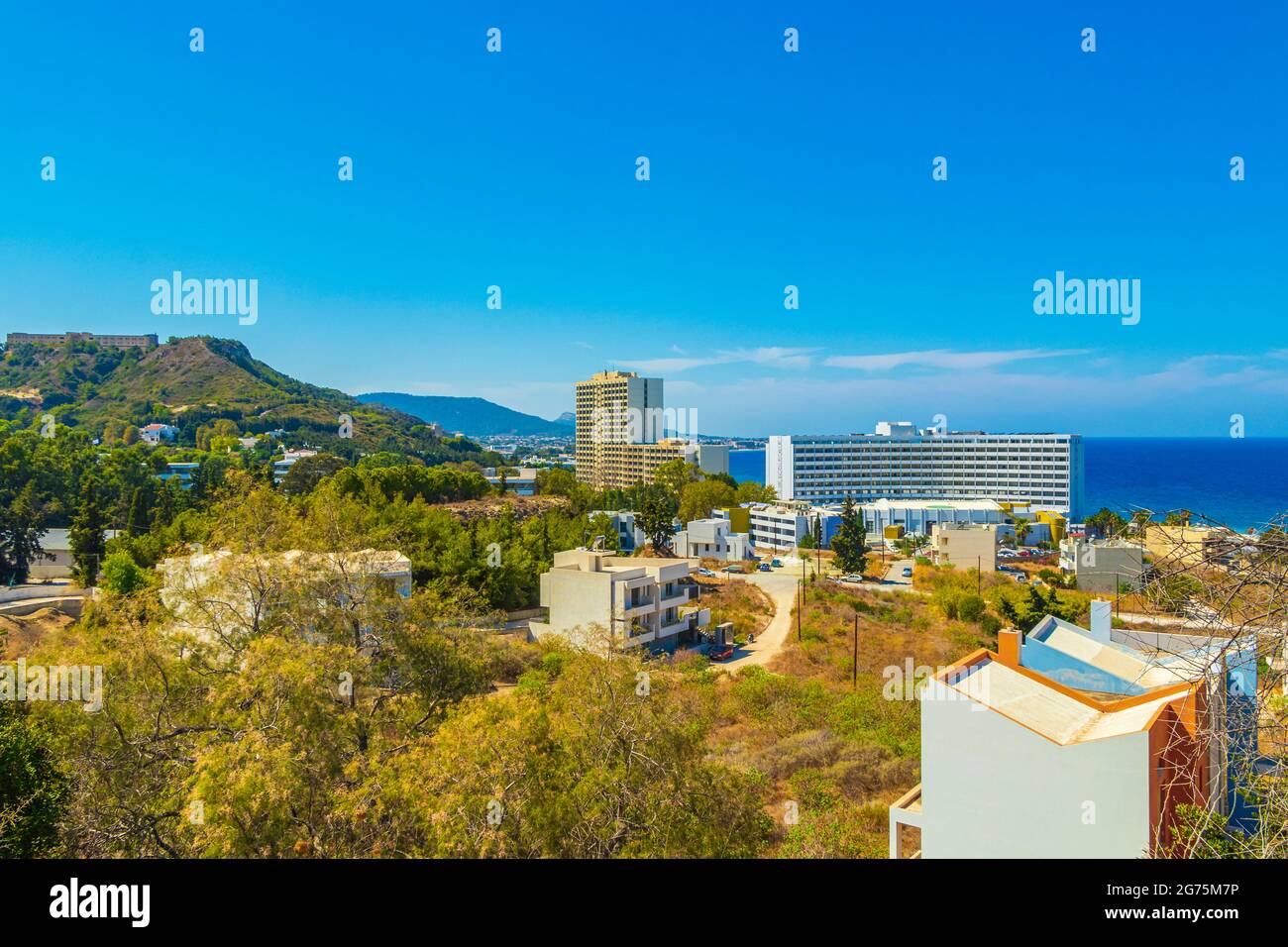 Beautiful panoramic view over Ixia and Ialysos on Rhodes in Greece. Stock Photo