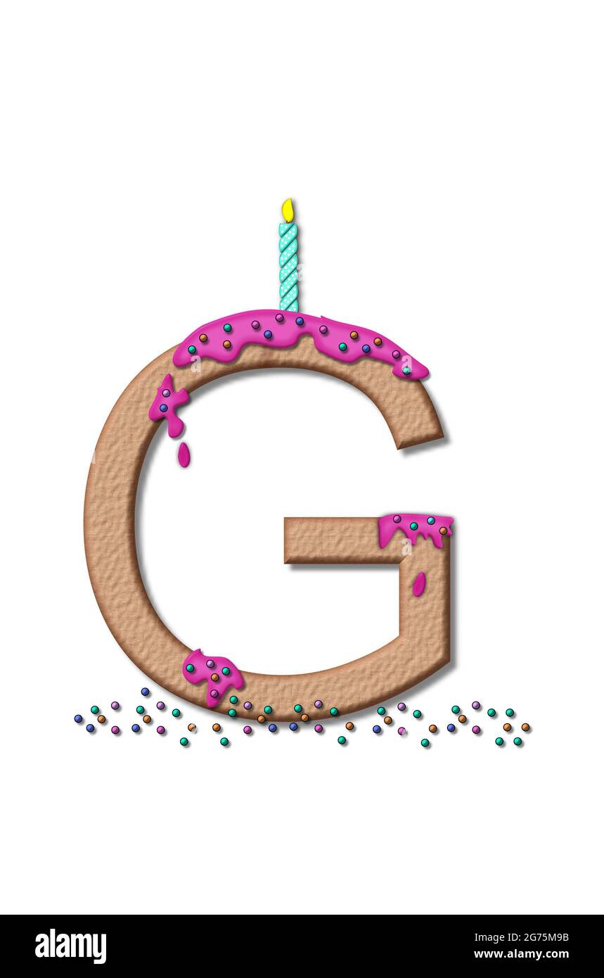 The letter G, from the alphabet set Happy Birthday, is tan with cake