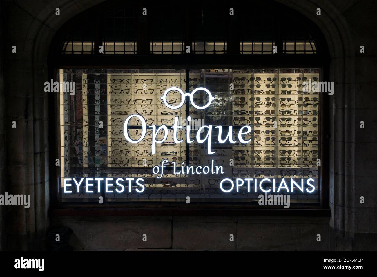 Opticians window in the Stonebow Lincoln City Stock Photo