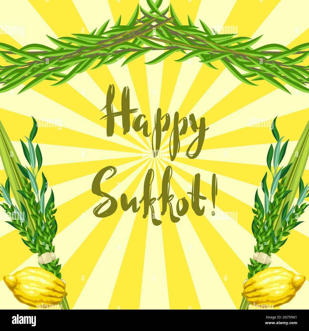 Happy Sukkot greeting card. Holiday background with Jewish festival traditional symbols. Stock Vector