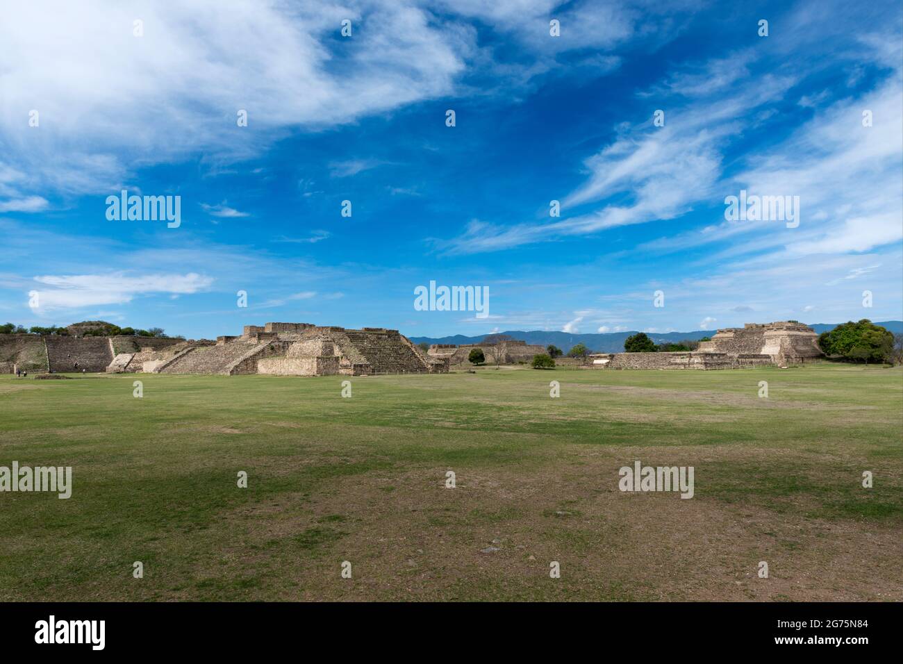 View of the ancient ruins of the Monte Albán pyramid complex in Oaxaca