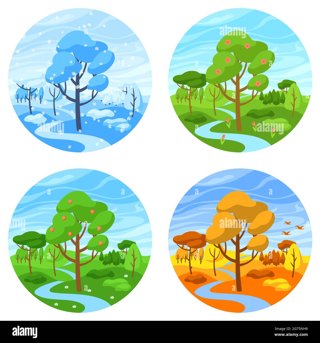 Four seasons landscape. Illustration with forest, trees and bushes in  winter, spring, summer, autumn Stock Vector Image & Art - Alamy