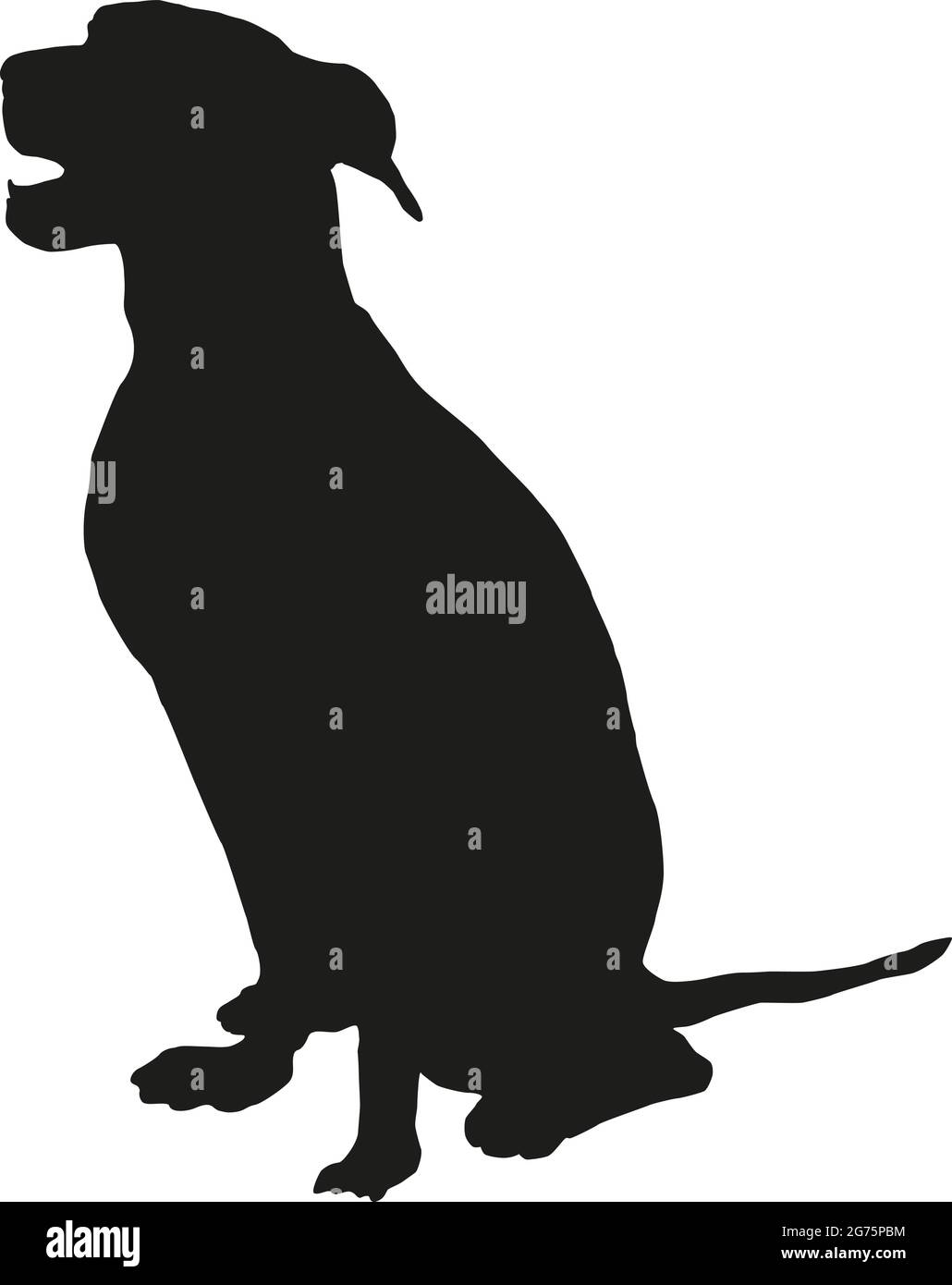 Black dog silhouette. Sitting german pinscher puppy. Pet animals. Isolated on a white background. Vector illustration. Stock Vector