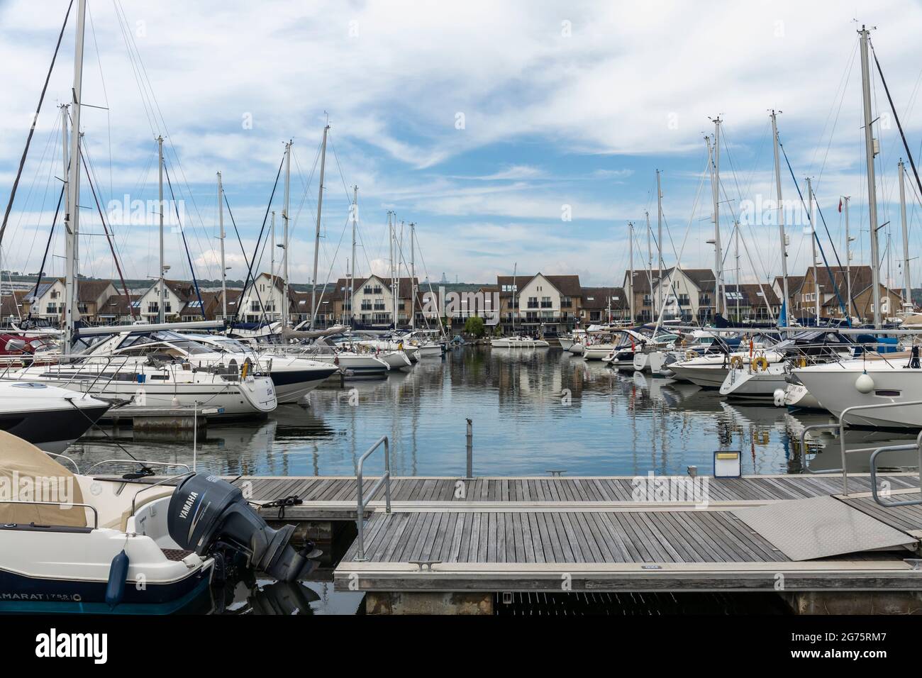 Jetty with Yachts moored in Port Solent Marina, Hampshire, England, UK Stock Photo