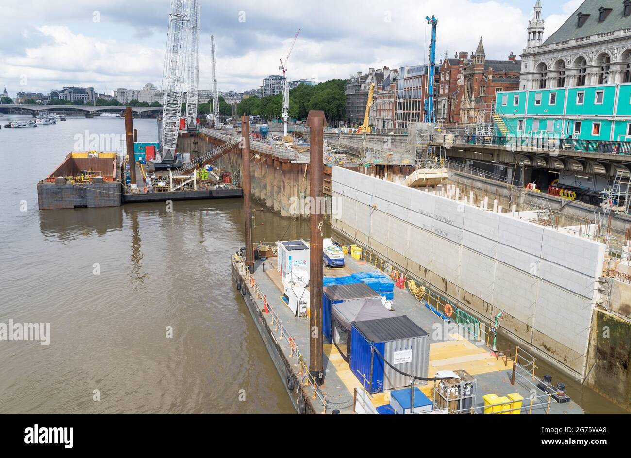 Building work of the Thames Tideway tunnel, a super sewer underneath the River Thames. London Stock Photo