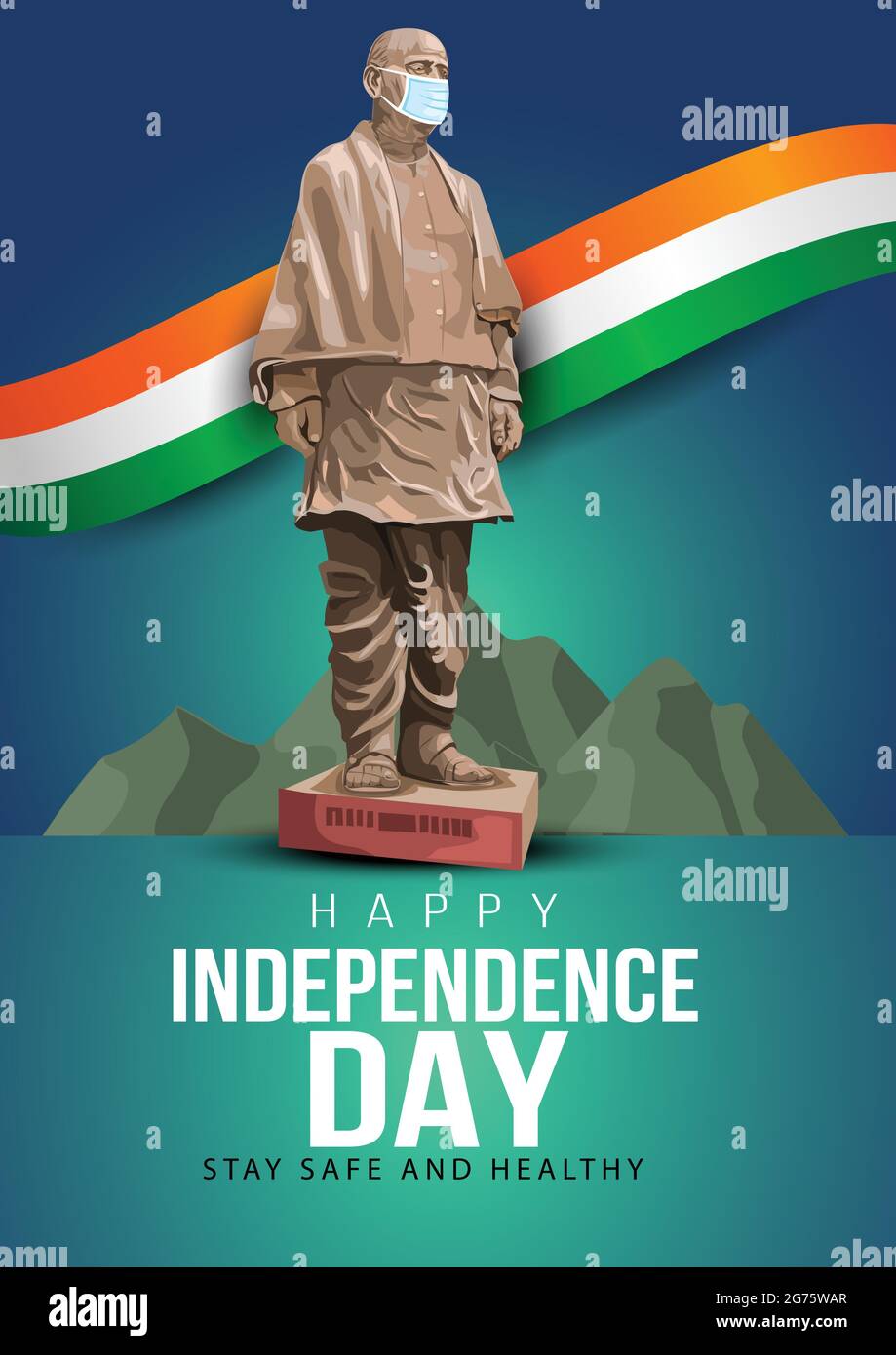India Independence Day 15 August Celebration Card, poster, Badges Vector Template. covid-19, corona virus concept wit statue of unity Stock Vector