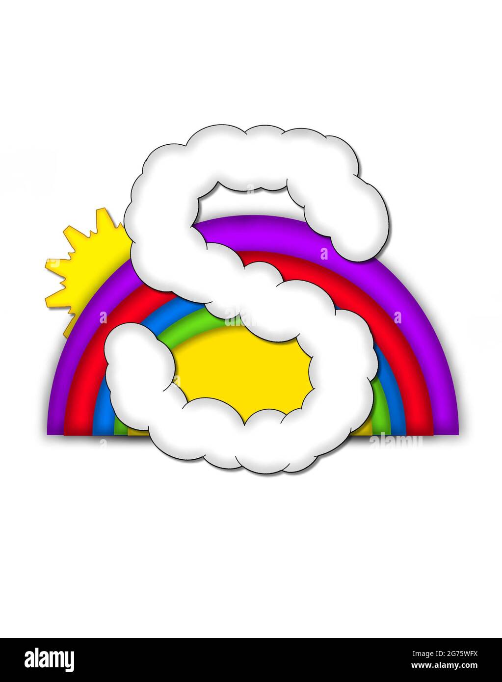 The letter S, in the alphaet set Rainbow, is shaped like a fluffy cloud.  Colorful rainbow backs letter with yellow sun peaping from behind. Stock Photo