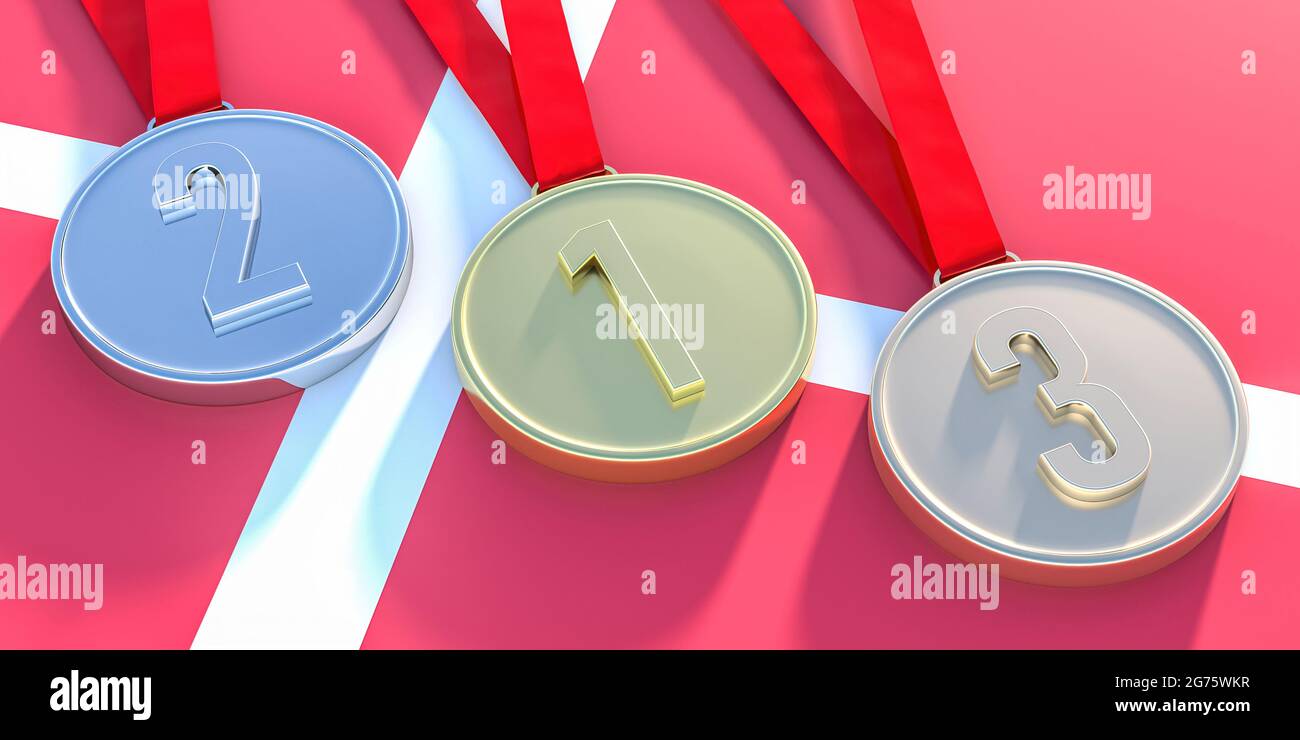 Sports champion and winner awards, medals set, gold, silver and bronze, with red ribbons on Denmark flag background. Competition, games first place tr Stock Photo