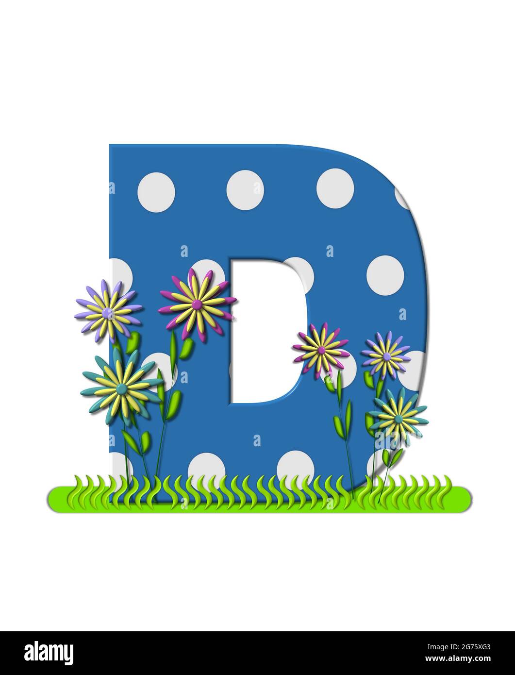 The letter D, in the alphabet set 'wildflower Meadow', is blue with white polka dots.  Letter's base is decorated with wavey grass and 3D flowers. Stock Photo