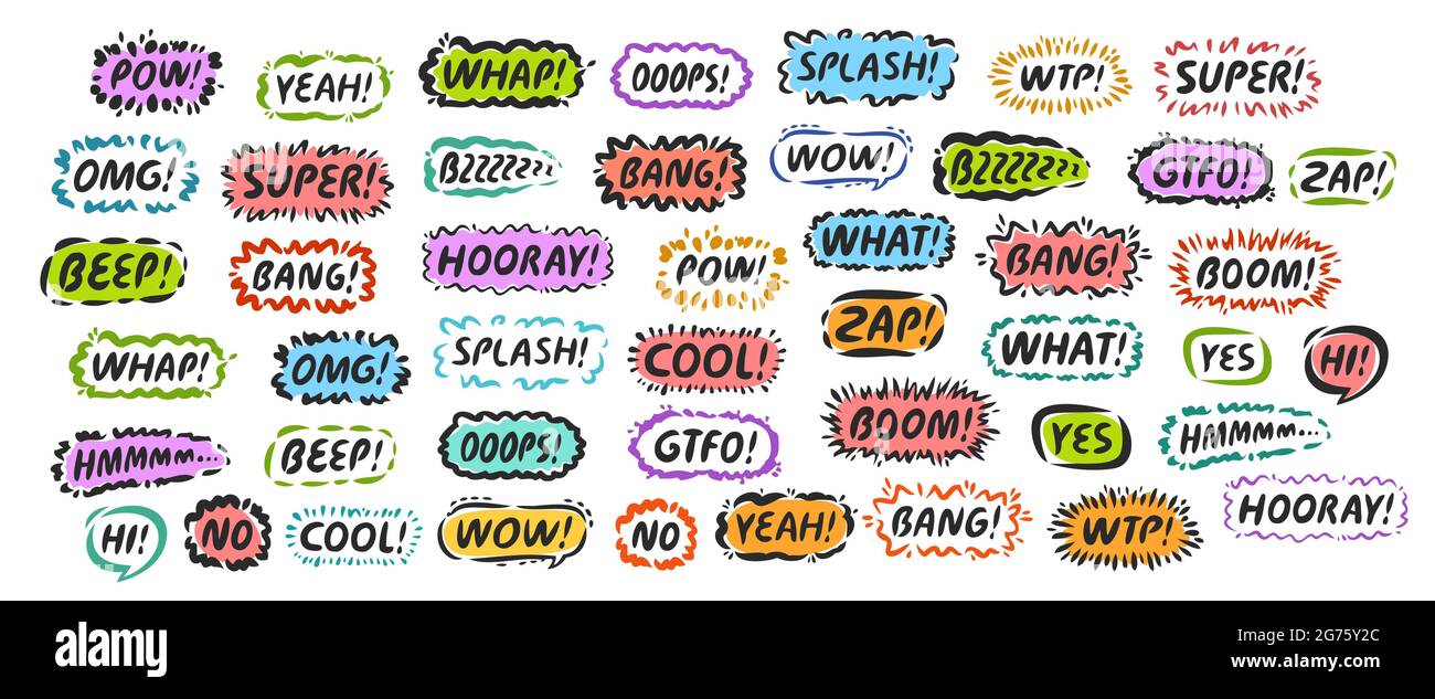 Set of cool and dynamic comic speech bubbles. Sound effects in pop art vector style Stock Vector