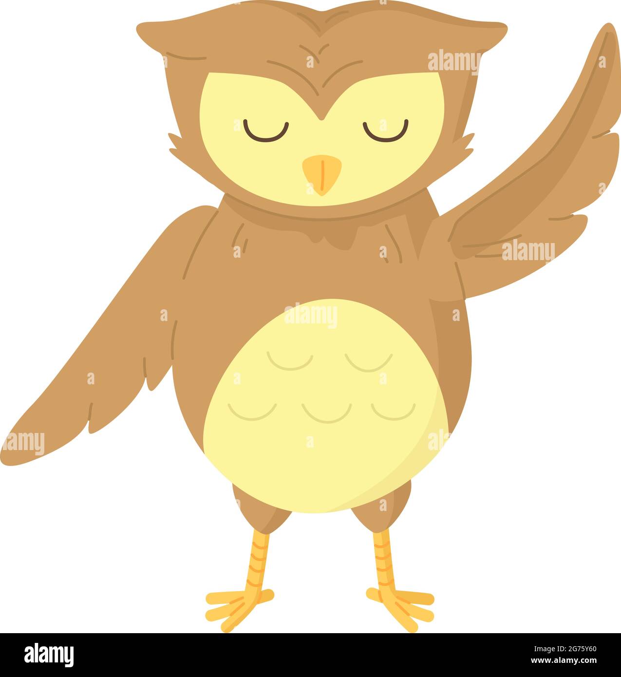 Cute brown owl raised the wing with closed eyes. Can be used as kids print. for nursery. Stock vector illustration isolated on white background in Stock Vector