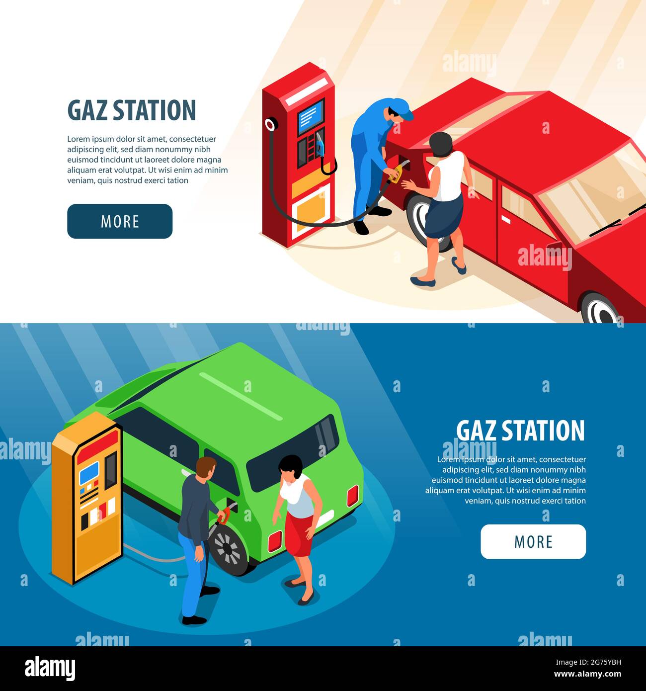 Gas station horizontal banners  with refuelling stands and workers filling up fuel into car isometric vector illustration Stock Vector
