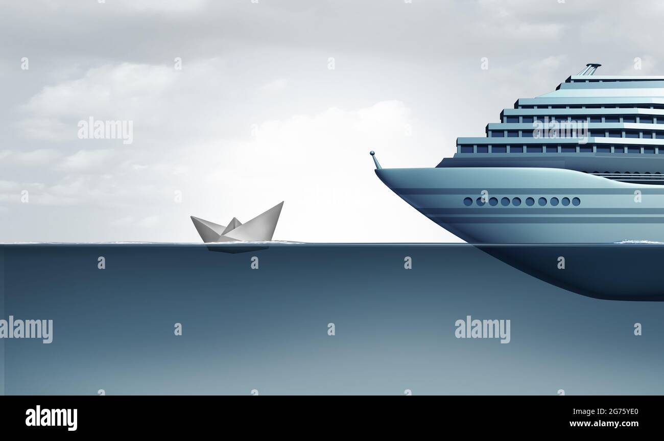 Cheap Cruise and budget vacation concept with paper boat compared to huge luxury liner Ship representing low price cruises or inexpensive vacations. Stock Photo