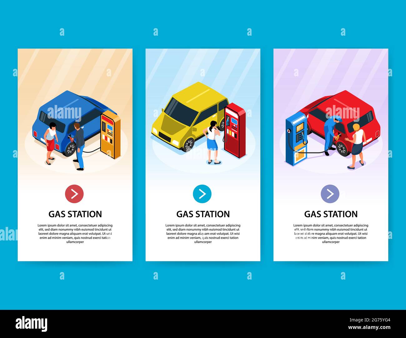 Gas station vertical banners with people fuelling their cars independently and with employee help isometric vector illustration Stock Vector