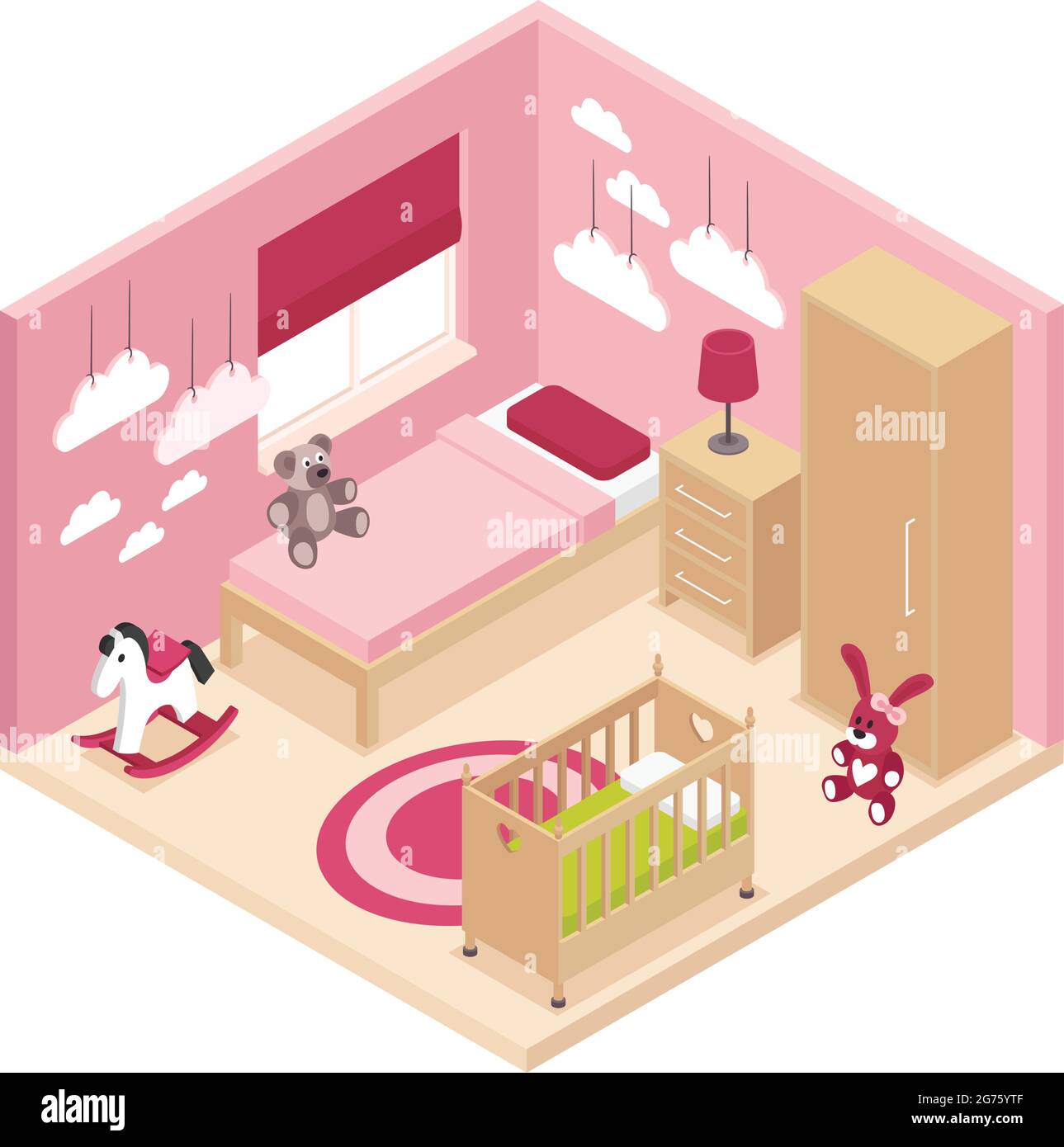 Cozy rose children room isometric interior with wardrobe bedside cabinet near bed baby cot and bunk bed vector illustration Stock Vector