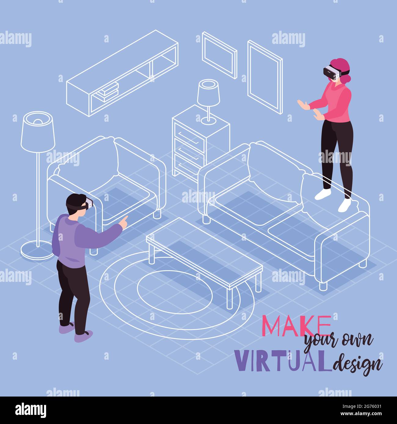 Virtual reality room furnish design isometric composition with visual