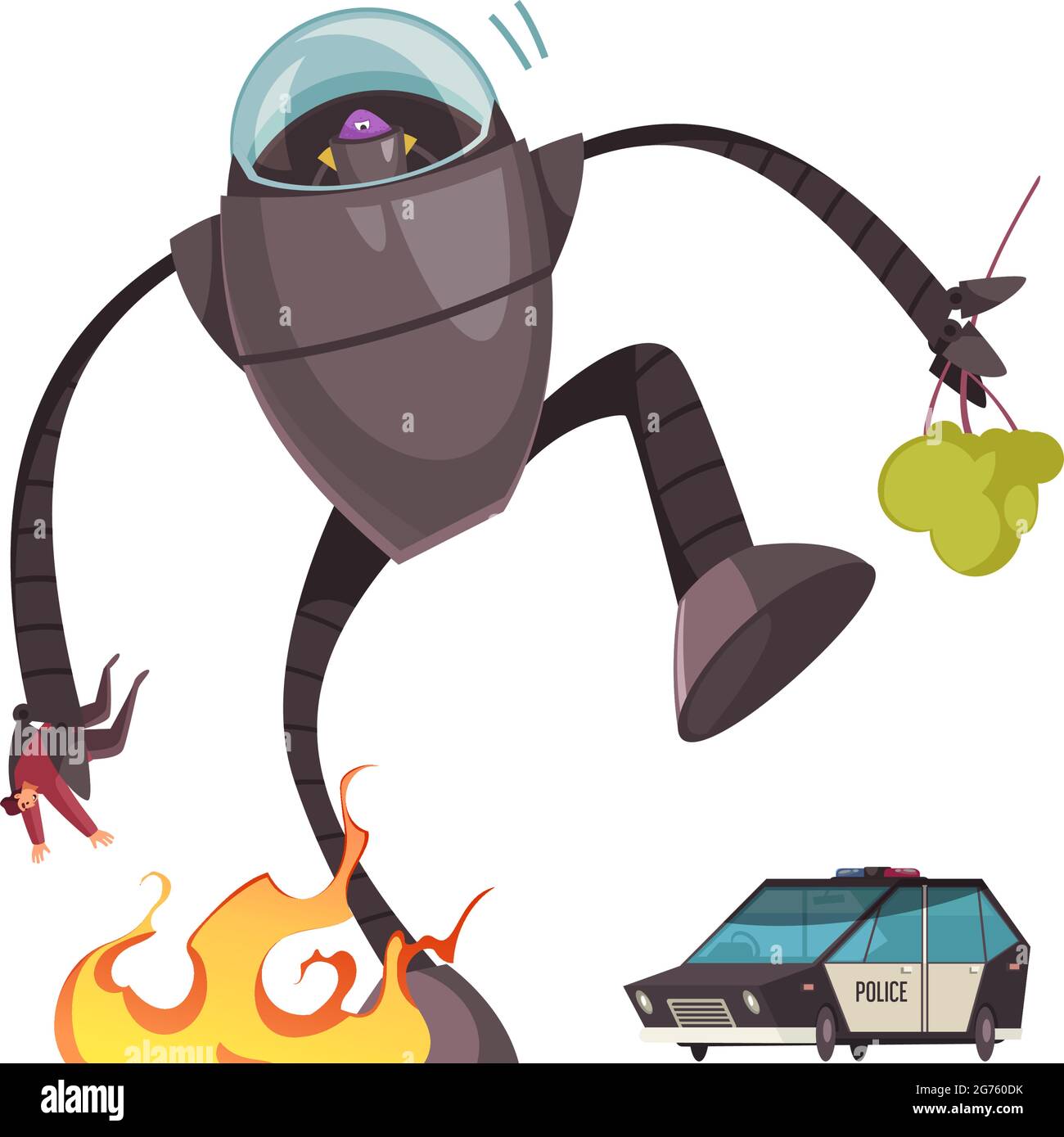 Evil alien in robot machine attacking people and city cartoon vector  illustration Stock Vector Image & Art - Alamy